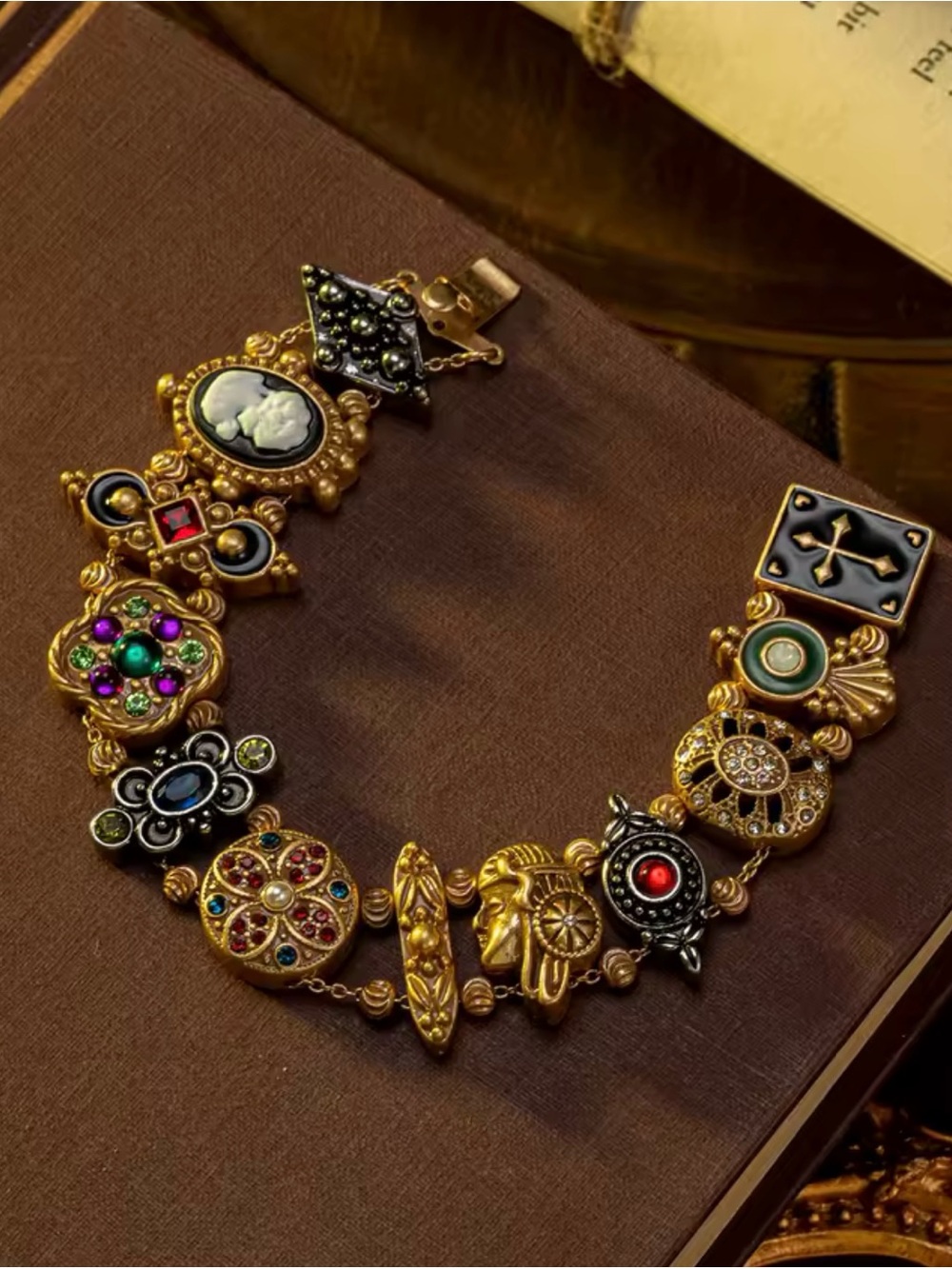 Vintage Art Deco Charm Bracelet | Antique Gold Statement Bracelet | Colorful - Picture 6 of 12
